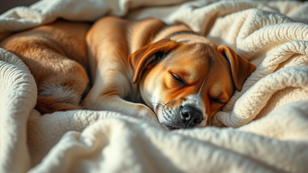 Peaceful sleeping dog curled up on soft blanket with gentle lighting, no text, no words, no letters