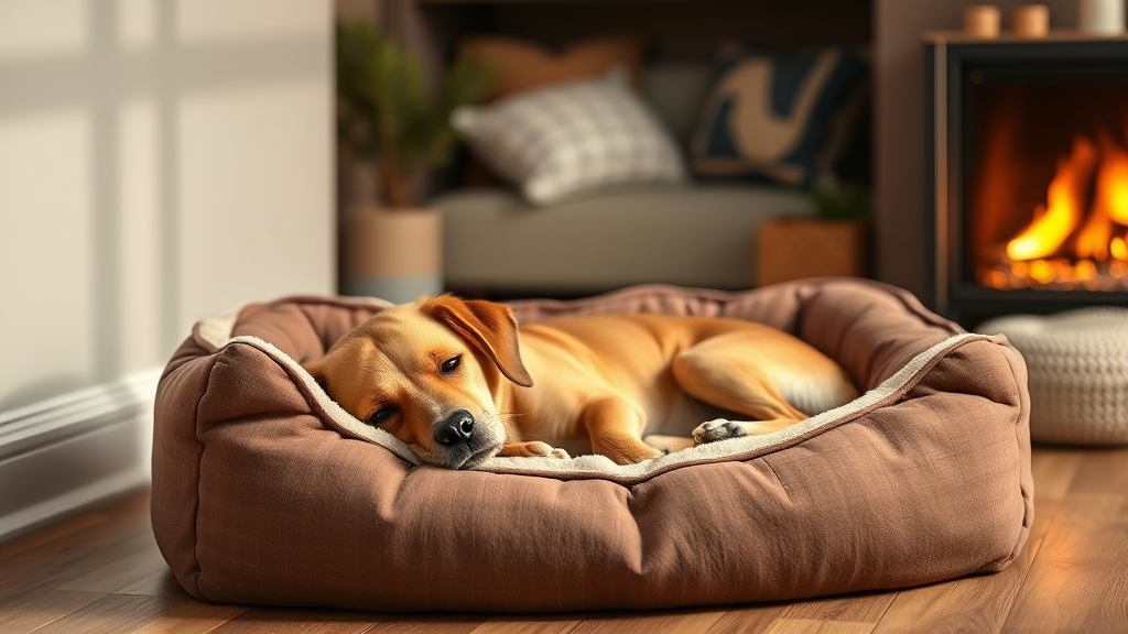 Cozy dog bed in warm home environment with sleeping area setup, no text, no words, no letters