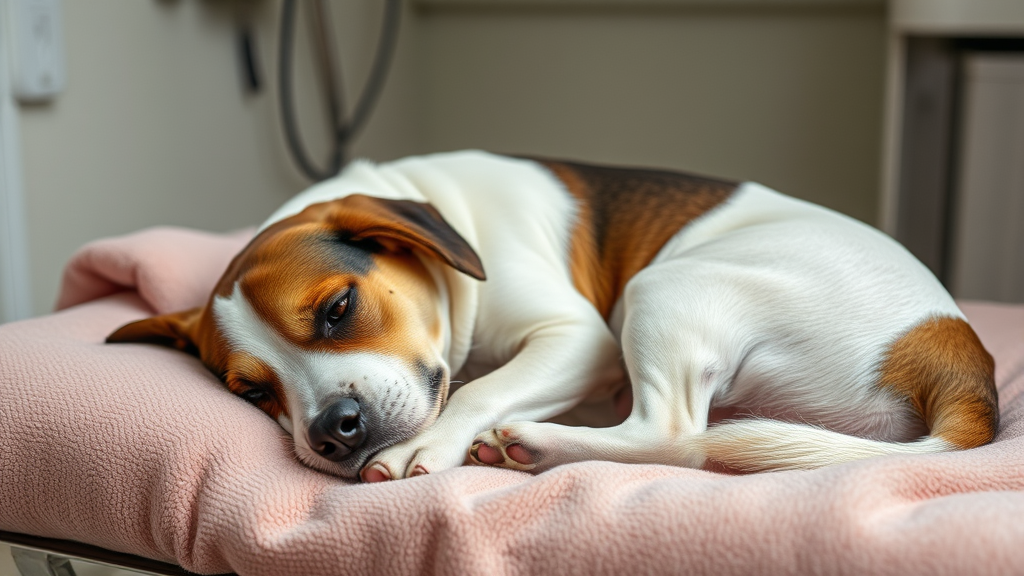 Female dog resting comfortably on soft bedding during heat cycle, veterinary care setting, no text no words no letters