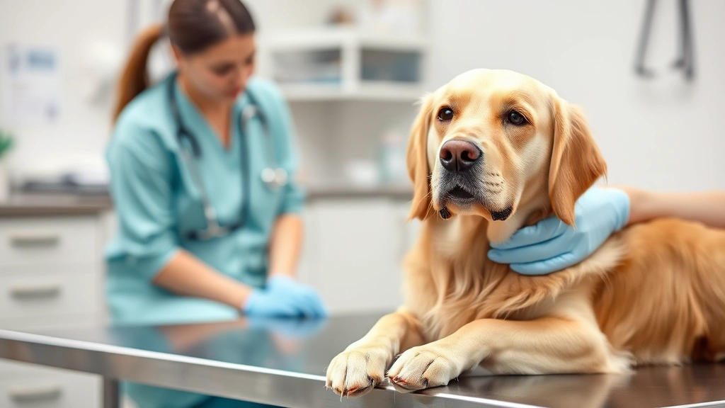 A healthy golden retriever sitting calmly at a veterinary clinic examination table with a caring veterinarian in professional attire, conveying trust and professional pet healthcare
