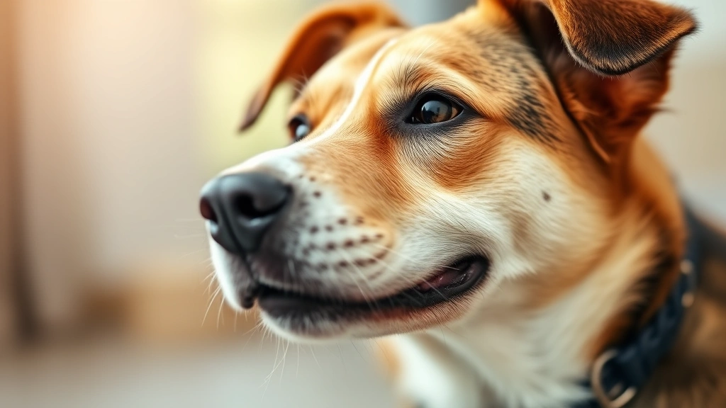 Close-up of a dog's face showing alertness and contentment, with soft natural lighting and blurred background, emphasizing the importance of monitoring pet health