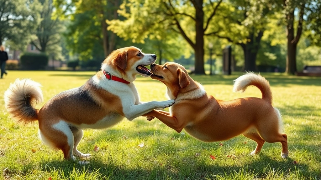 Two dogs playing together outdoors in a sunny park setting with grass and trees, showing healthy canine social interaction and outdoor activity