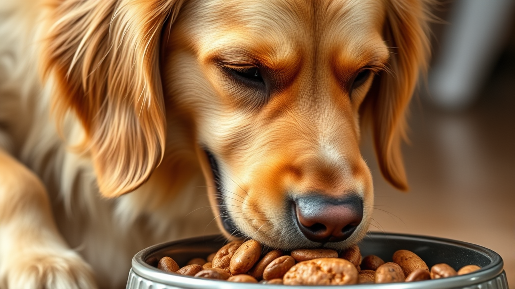 Close-up golden retriever dog eating from food bowl with happy expression, no text no words no letters