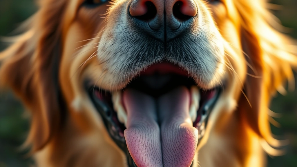 Close-up of a happy golden retriever's open mouth showing teeth and tongue, natural lighting, warm tones, friendly expression