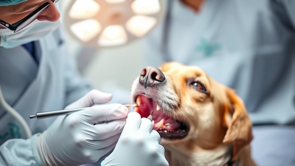 Veterinarian performing professional dental cleaning on a sedated dog using dental instruments, clinical setting, bright lights, focused care