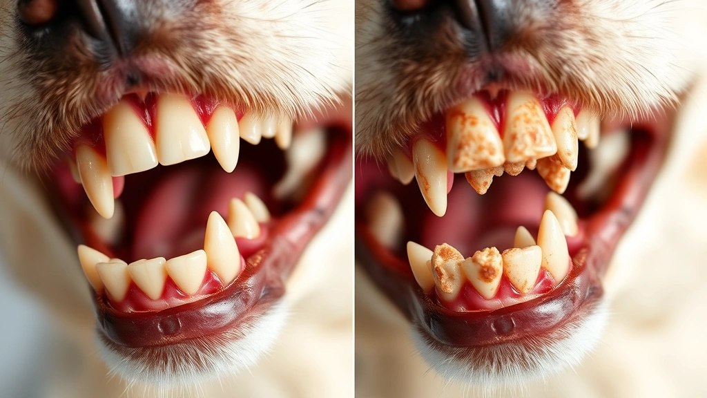 Side-by-side comparison visualization of healthy dog teeth versus teeth with tartar buildup and plaque, educational style, clear detail