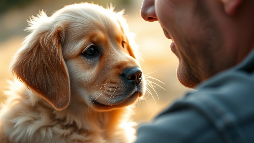 Golden retriever puppy making direct eye contact with owner's face, warm natural lighting, close-up intimate moment showing trust and connection