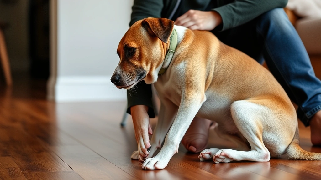 Dog leaning against owner's leg while sitting on wooden floor, peaceful indoor setting, demonstrating physical closeness and comfort seeking