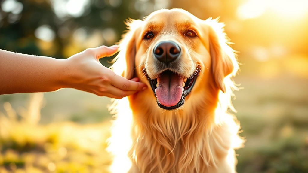 Happy golden retriever being gently petted by human hands outdoors in warm sunlight no text no words no letters