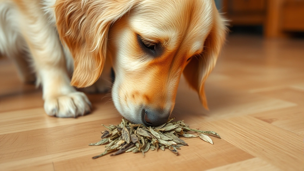 Golden Retriever sniffing a small pile of dried catnip leaves on a wooden floor, curious expression, natural lighting, close-up perspective