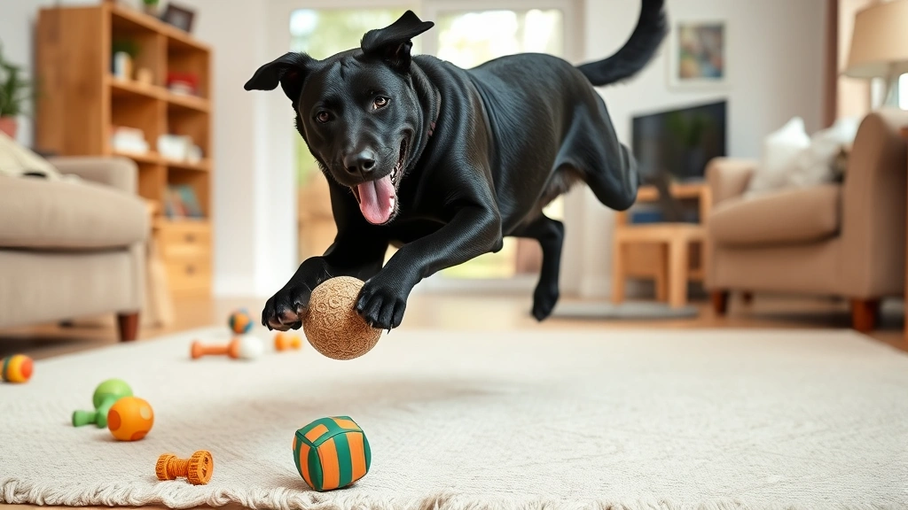 Black Labrador playing enthusiastically with a catnip-filled toy in a bright living room, mid-jump motion, toys scattered around