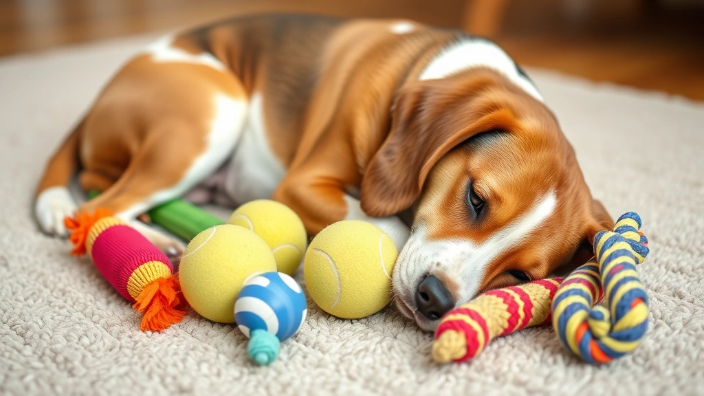 Brown and white Beagle lying down next to various dog toys including squeaky toys, tennis balls, and rope toys, arranged on a soft carpet