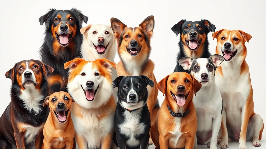 Diverse group of different dog breeds showing various body language expressions and reactions, studio setting, no text no words no letters
