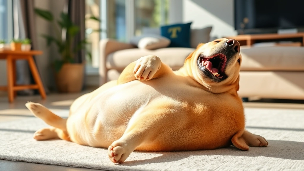 A happy labrador with wagging tail and open mouth smile, rolling on back inviting belly rubs in a sunny living room