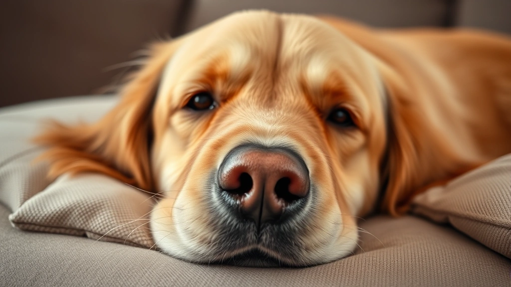 Close-up of a relaxed golden retriever's face with soft eyes and gentle expression, lying on a comfortable couch cushion, completely at ease