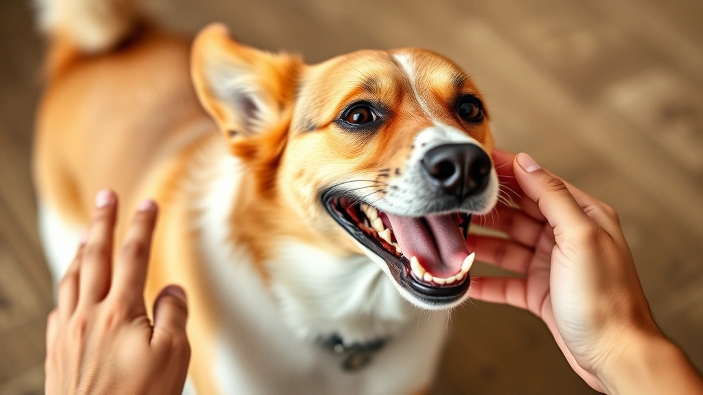 Playful medium-sized dog with mouth open in a happy smile, ears relaxed, tail mid-wag, interacting joyfully with owner's hands