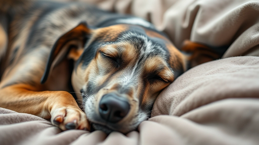 Senior dog resting peacefully on a soft bed, showing contentment through relaxed body posture, closed eyes, and calm demeanor