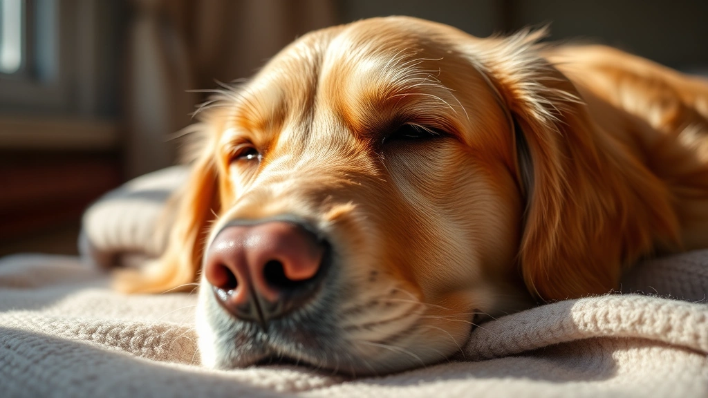Close-up of an elderly golden retriever's face, peaceful expression, resting on a soft blanket, natural lighting from window, warm and serene mood