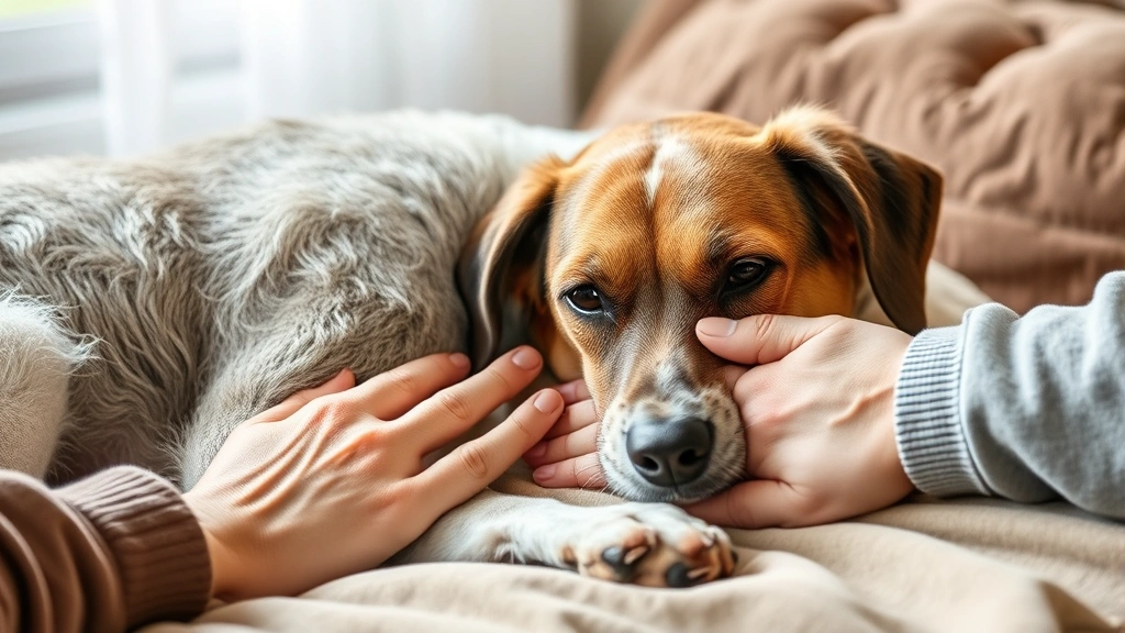 Senior dog lying down next to their owner's hand on a comfortable bed, showing gentle affection and bonding, soft natural light, intimate moment