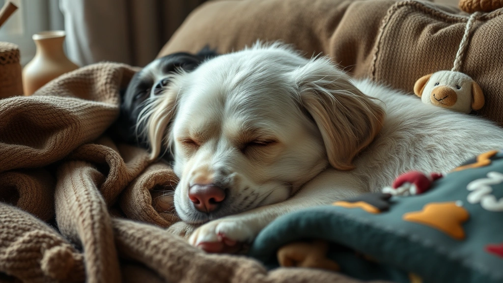 Elderly dog sleeping peacefully in their favorite spot at home, surrounded by comfort items, calm and restful atmosphere, photorealistic quality