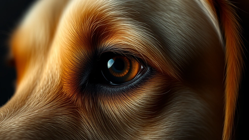 Close-up of a golden retriever's eye in dim lighting, showing the reflective shine of the tapetum lucidum with natural amber glow, photorealistic style