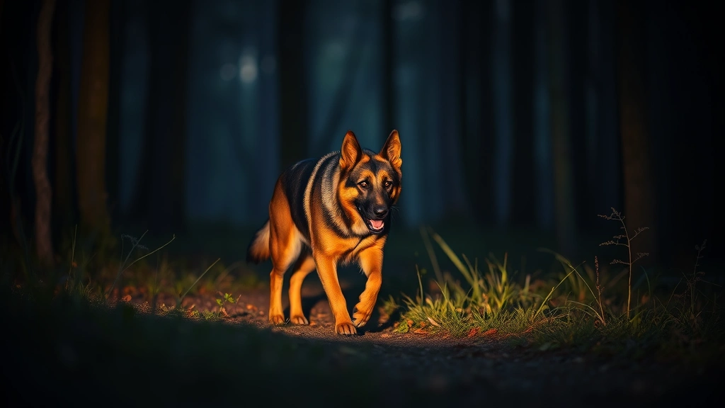 German Shepherd navigating through a dimly lit forest at dusk, alert and focused, with subtle shadows and forest background, photorealistic
