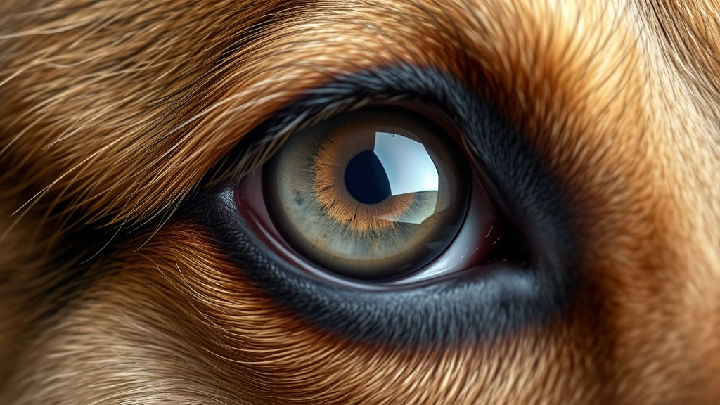 Close up of dog eye anatomy showing third eyelid and natural eye structure during rest, no text, no words, no letters