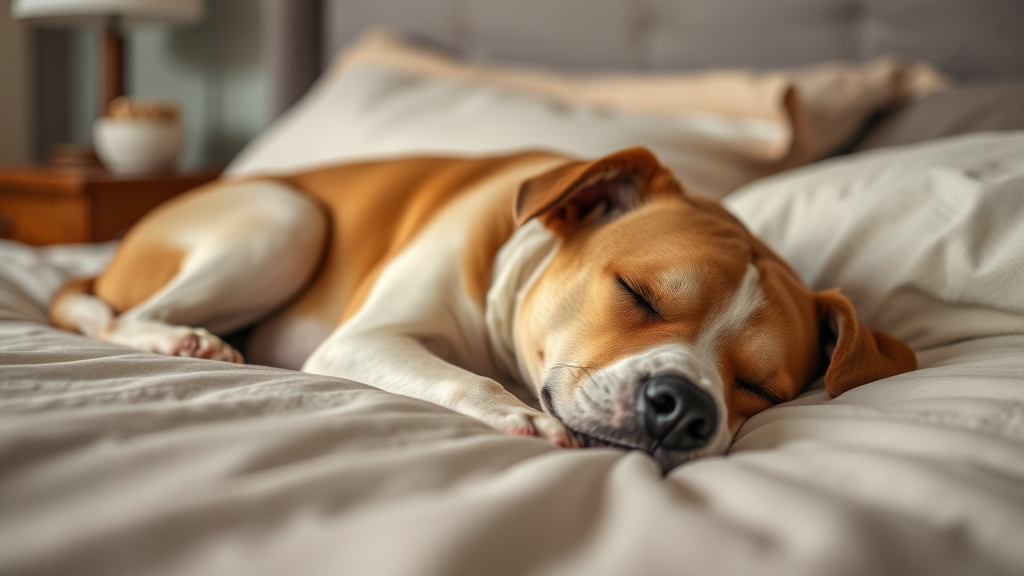 Peaceful sleeping dog on comfortable bed, soft lighting, cozy bedroom setting, no text no words no letters