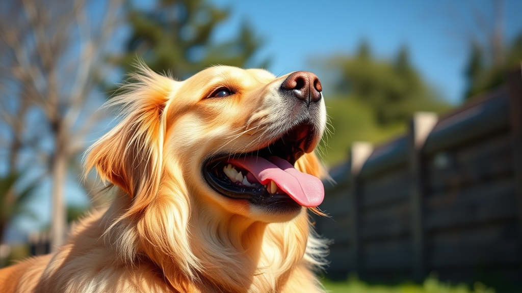 Golden retriever panting heavily on sunny day with tongue out, no text no words no letters