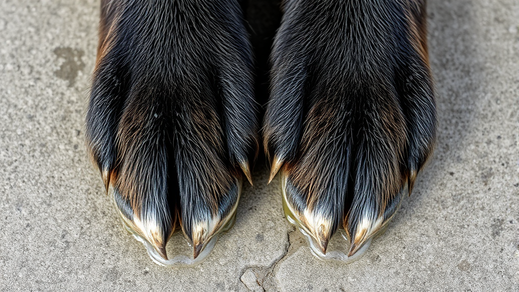 Close up dog paw pads on concrete surface showing moisture, no text no words no letters