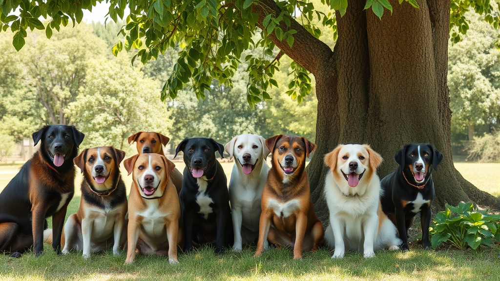 Various dog breeds seeking shade under tree on hot summer day, no text no words no letters