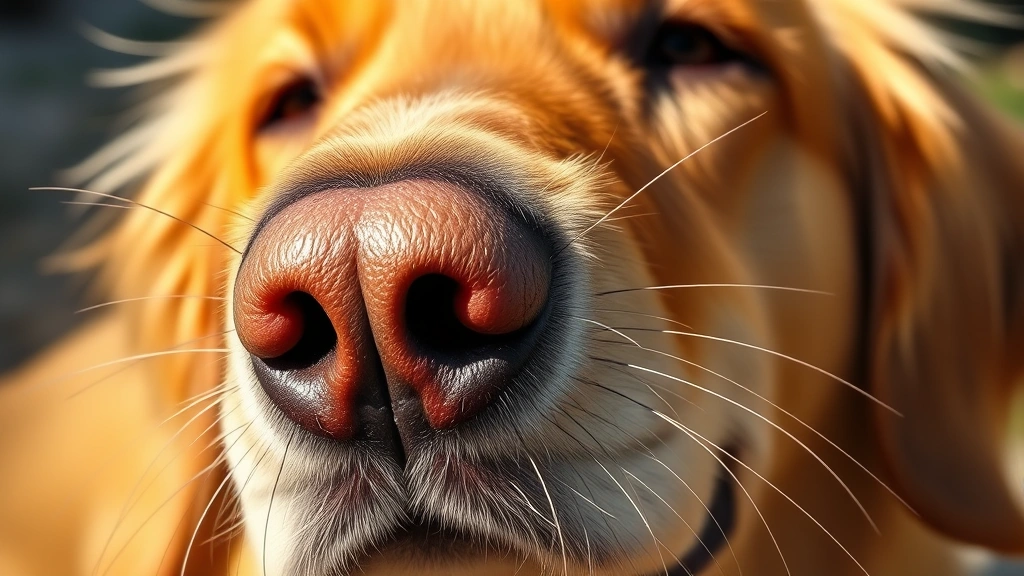 Close-up of a golden retriever's face showing detailed whiskers twitching near its nose and snout, photorealistic style, natural lighting