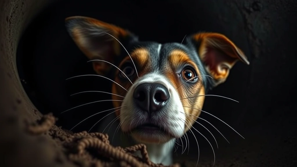 A curious dog with prominent whiskers exploring a dark area or tunnel, demonstrating sensory awareness, photorealistic style, dim lighting