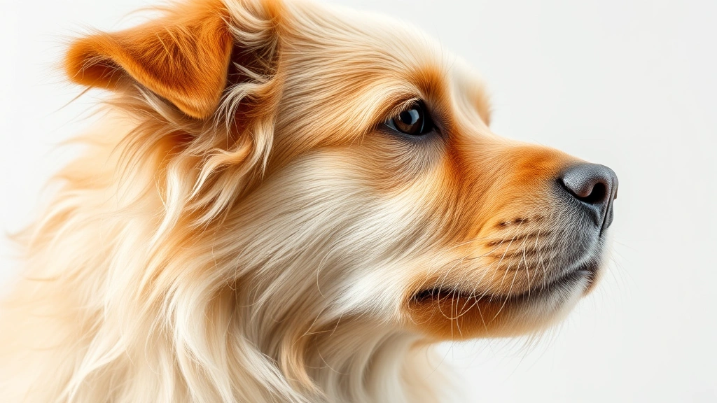 A fluffy dog's face profile showing full healthy whiskers on cheeks and chin, photorealistic style, studio lighting, clear subject focus