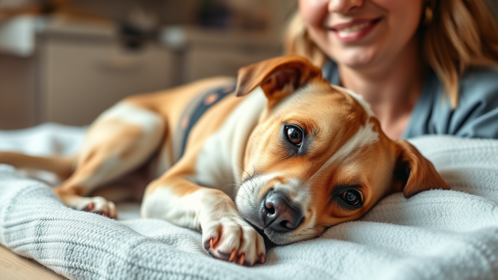 Female dog lying comfortably on soft blanket with caring owner nearby, warm lighting, veterinary care setting, no text no words no letters