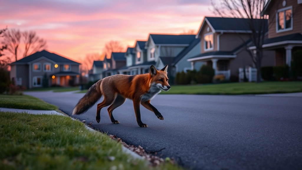 A fox trotting through a suburban neighborhood at dusk with houses visible in the background, showing fox habitat