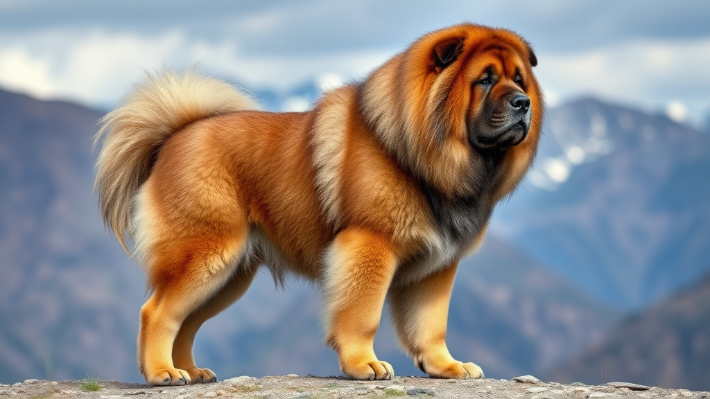Majestic Tibetan Mastiff dog with thick fluffy coat standing in mountain landscape, regal posture, no text no words no letters