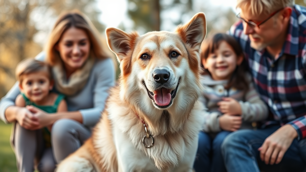Large gentle dog with family members showing protective loving nature, outdoor setting with children, no text no words no letters