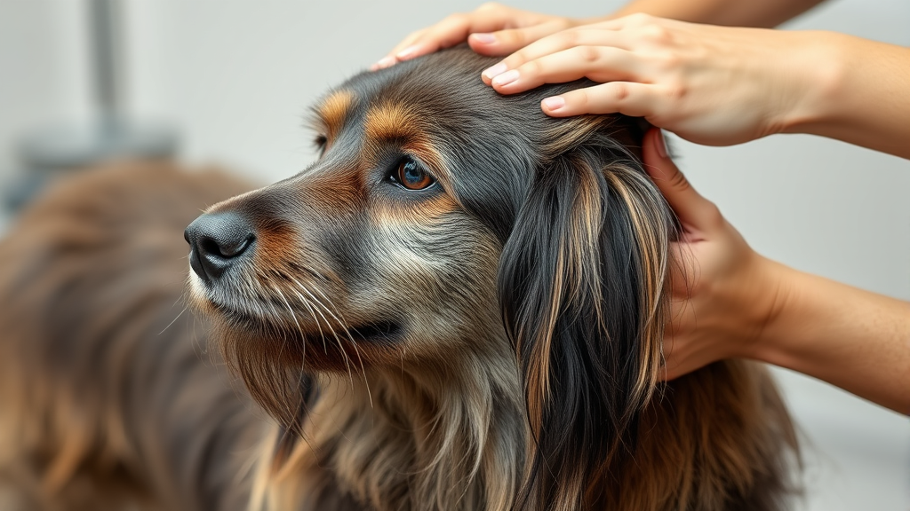 Beautiful Do Khyi dog being groomed, thick double coat being brushed, caring hands, no text no words no letters