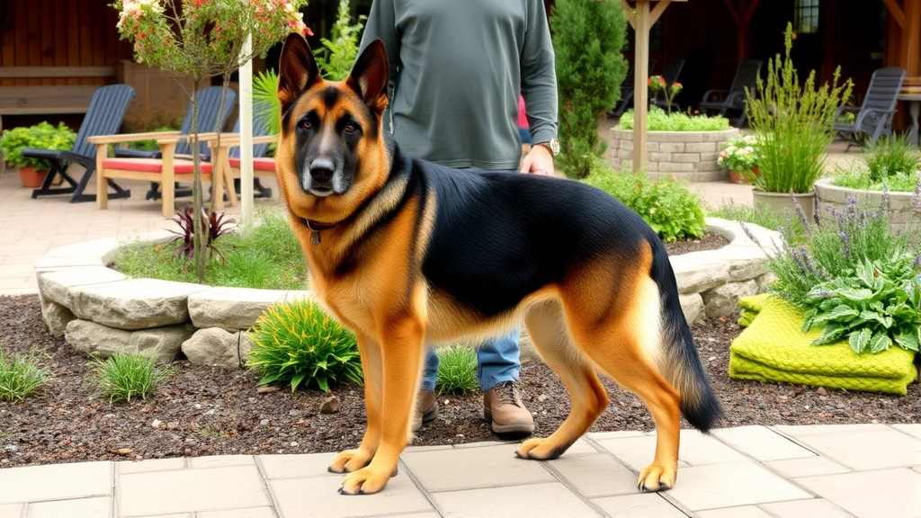Large German Shepherd standing calmly next to owner in garden center area surrounded by plants and landscaping materials