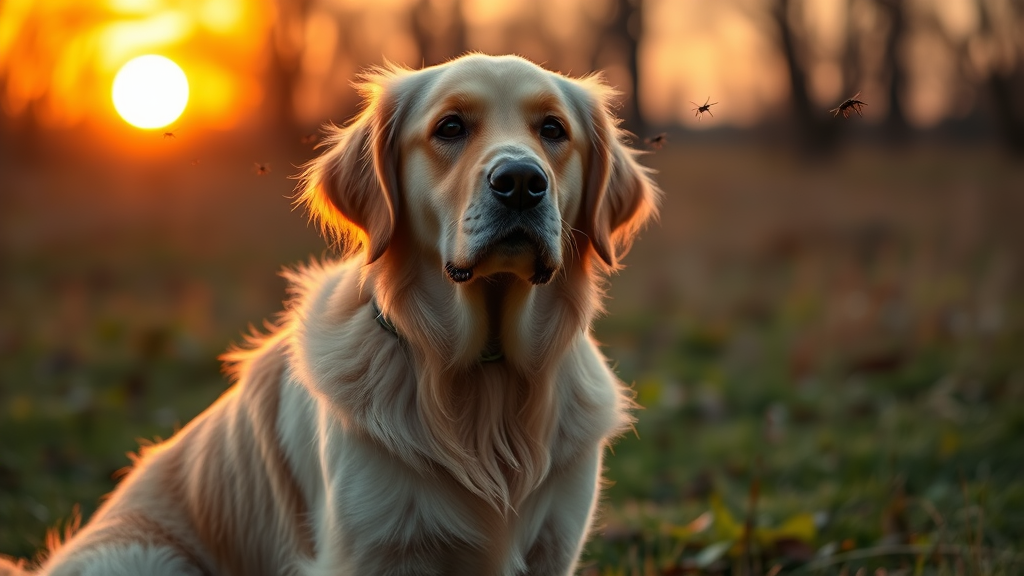 Golden retriever sitting outdoors at sunset with mosquitoes flying around, natural lighting, no text no words no letters