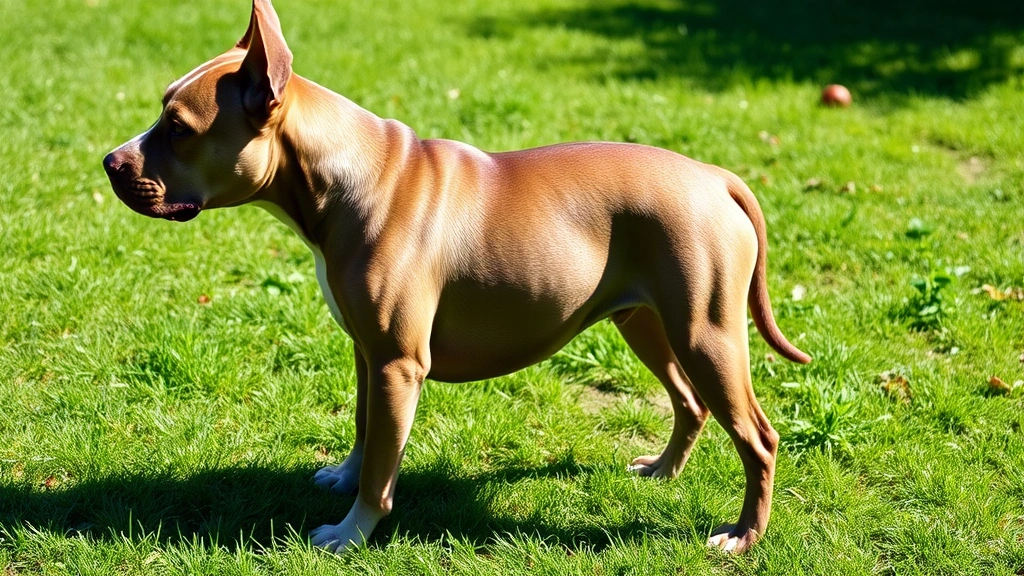 Short-haired muscular pitbull standing in profile on green grass, alert posture, shiny coat catching sunlight, outdoor setting