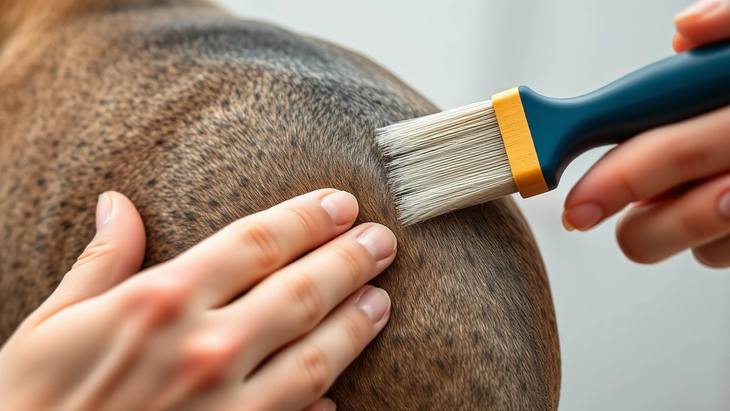 Close-up of pitbull's short dense coat texture, grooming brush removing loose hair, hands gently brushing the dog's back