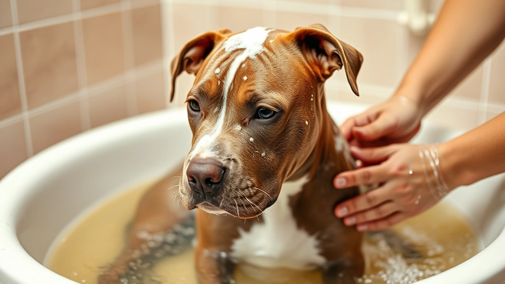 Pitbull sitting calmly during bath time with warm water and lather, groomer's hands visible, professional bathing environment
