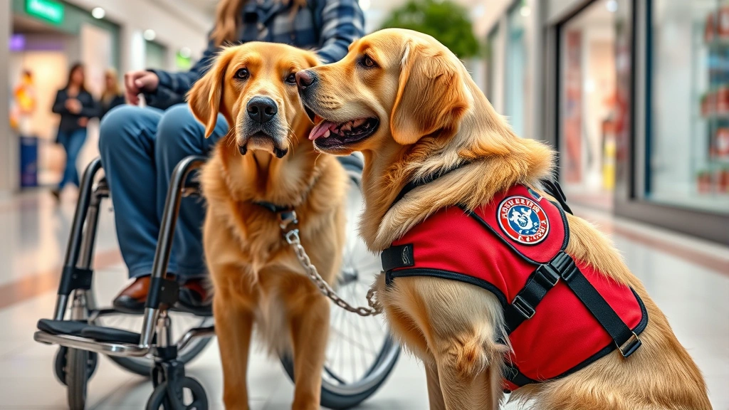 A golden retriever wearing a professional red service dog vest with patches, sitting attentively next to a person in a wheelchair at an indoor shopping mall, natural lighting