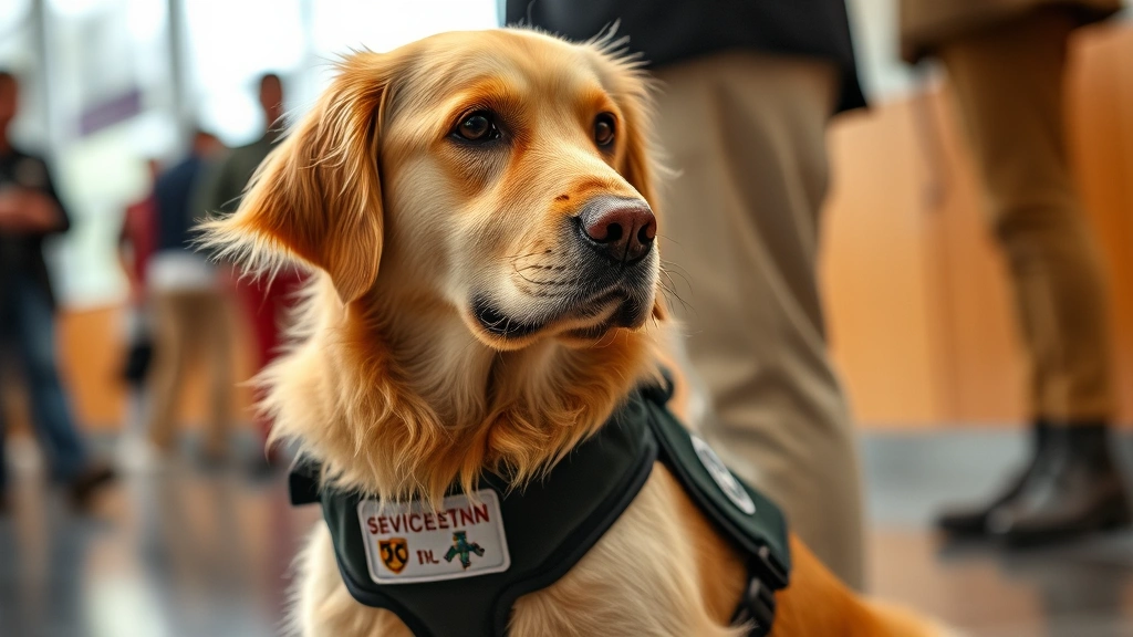 Golden Retriever wearing professional service dog vest with patches, sitting attentively next to a person in a public indoor setting, focused expression, daylight