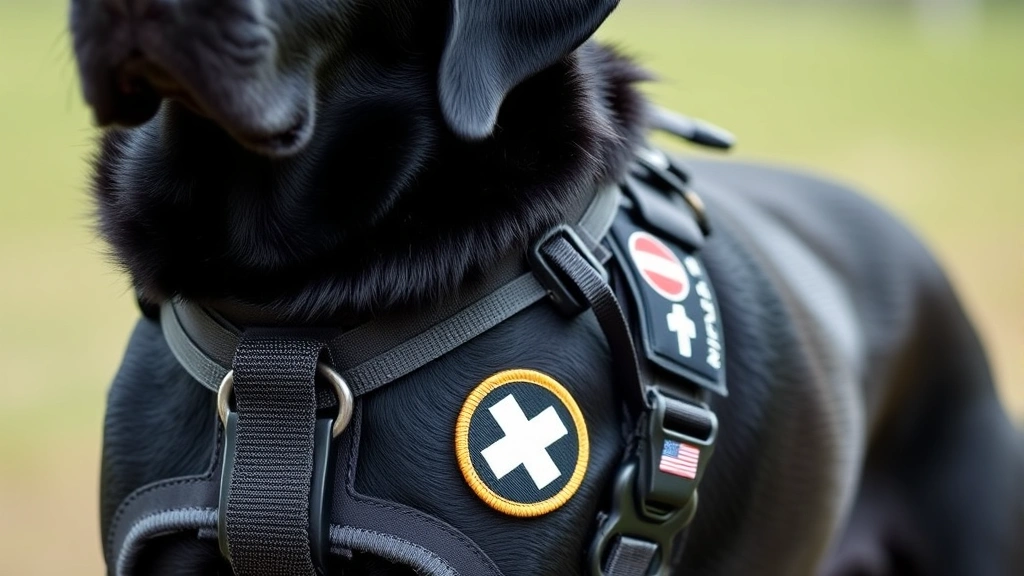 Close-up of a black Labrador retriever in a tactical service dog harness with medical alert patches, demonstrating proper fit and comfort while standing alert