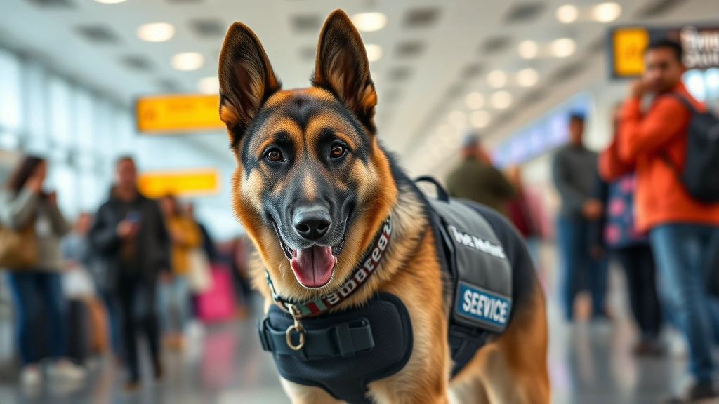 A German Shepherd service dog in training wearing a lightweight mesh vest, walking calmly through a crowded airport terminal with travelers in the background