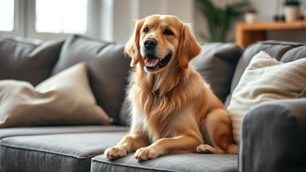 Golden Retriever sitting contentedly on a living room couch with a cushion nearby, photorealistic, natural lighting