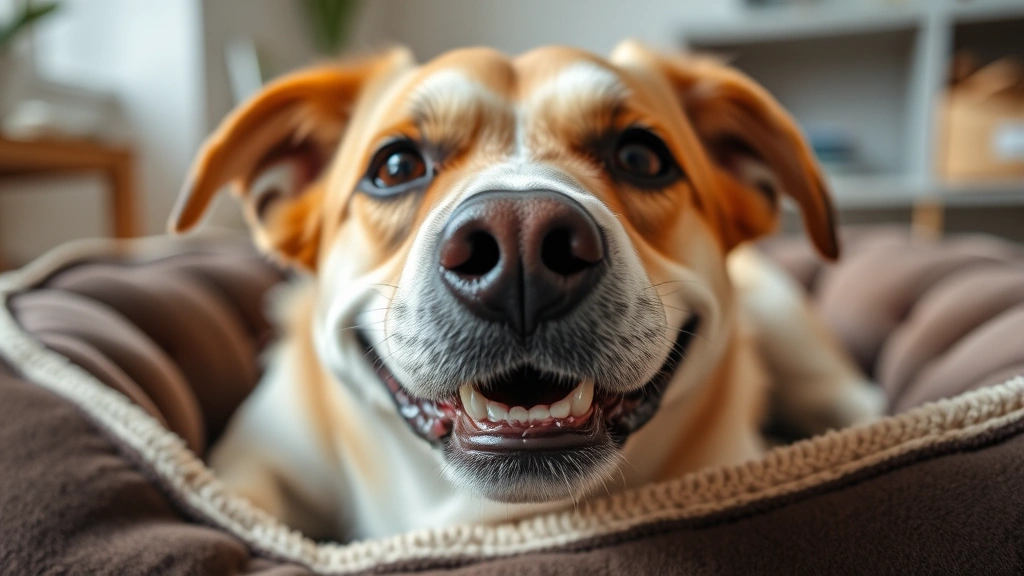 Close-up of a dog's face showing a happy, relaxed expression while lying on a comfortable dog bed indoors